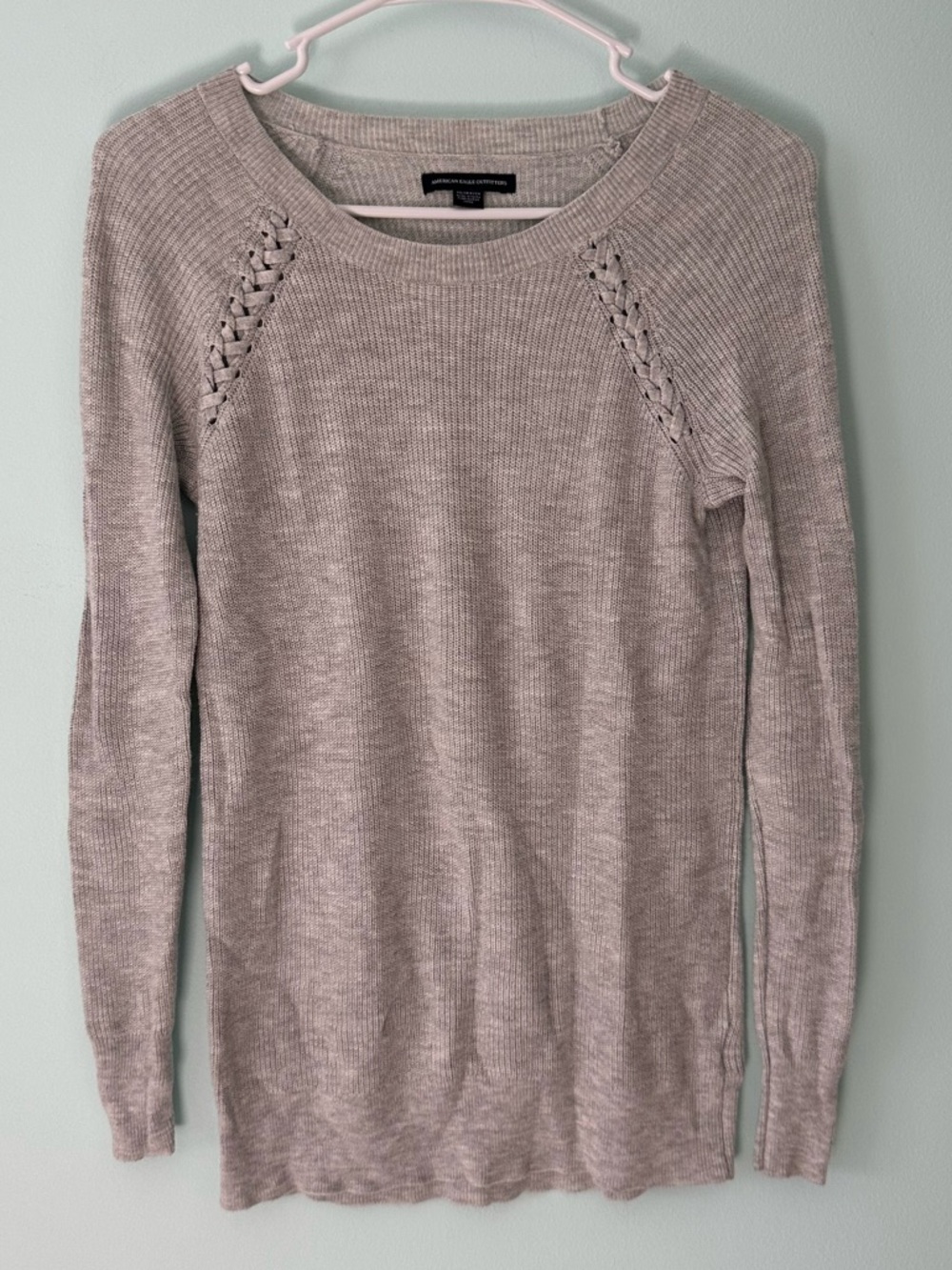 American Eagle Outfitters Light Gray Crew Neck Lace-Detail Sweater